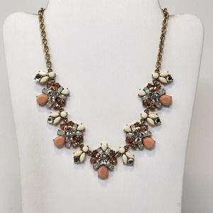 Rhinestone Cluster Statement Gold Tone Chain Necklace Peach Clear Cream Jewelry